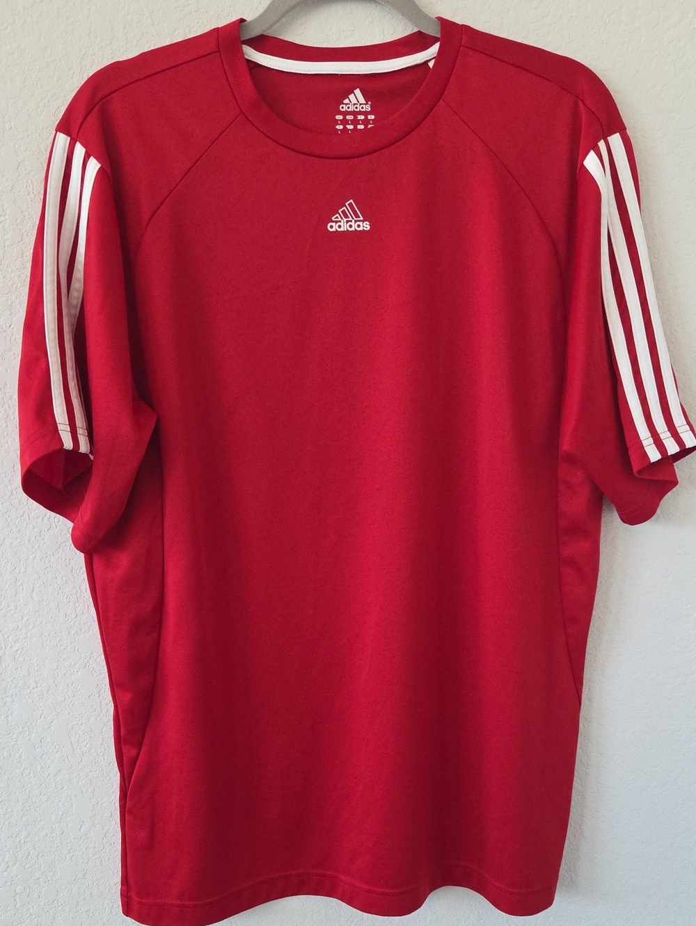 adidas Mens Red Short-Sleeve Athletic Jersey White Stripes Dry Active T Shirt